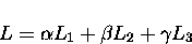 \begin{displaymath}
L = \alpha L_1 + \beta L_2 + \gamma L_3 \end{displaymath}